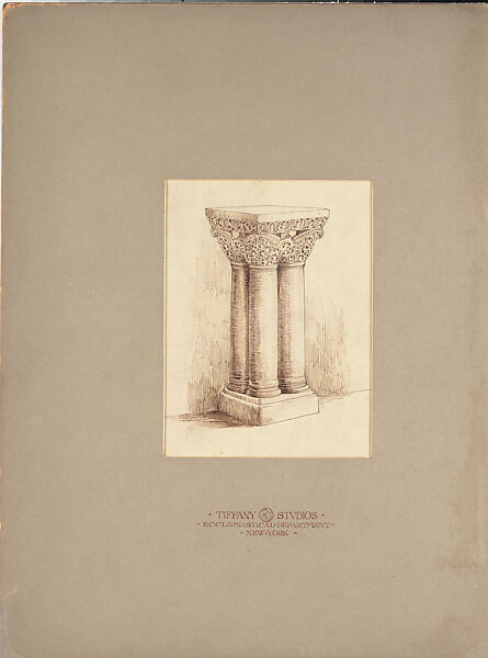 Design for pedestal, Louis C. Tiffany (American, New York 1848–1933 New York), Pen and brown ink, and graphite on artist board with original warm grey window matt, American 