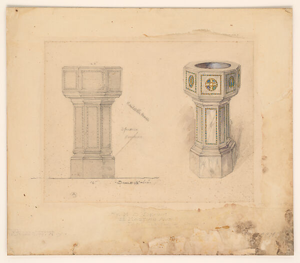 Font for Mr. H.S. Brown. / 12 Hastings Ave / East Cleveland, Ohio, Louis C. Tiffany (American, New York 1848–1933 New York), Transparent and opaque watercolor, pen, and graphite on paper mounted on paperboard, American