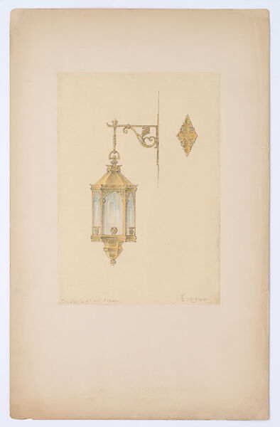 Design for hanging wall-mounted lantern, Louis C. Tiffany (American, New York 1848–1933 New York), Graphite and colored pencil on tissue paper mounted on heavy paper, American 