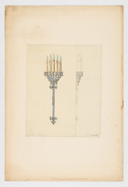 Design for sconce, Louis C. Tiffany (American, New York 1848–1933 New York), Watercolor, colored pencil, graphite, and ink on tissue paper mounted on board, American 