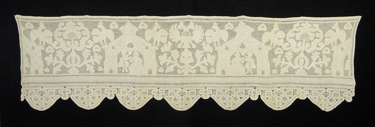 Bed curtain border, Drawnwork, embroidery, bobbin lace, linen, Russian 