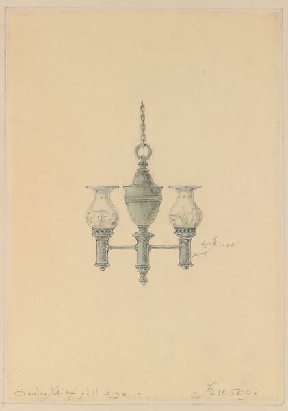 Design for chandelier, Louis C. Tiffany (American, New York 1848–1933 New York), Graphite and colored pencil on tissue paper mounted on heavy paper, American 