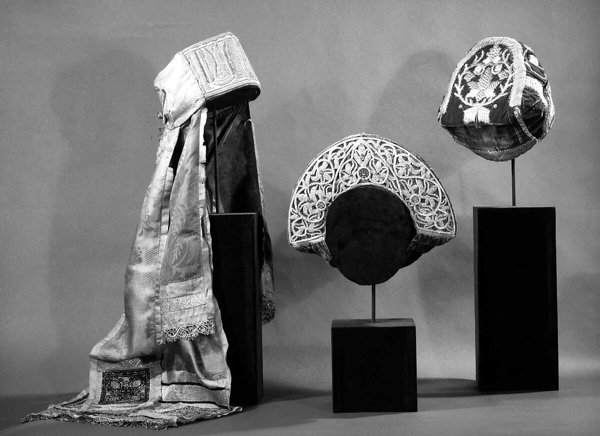 Headdress, Silk, metal, shell, glass, metallic, cotton, Russian