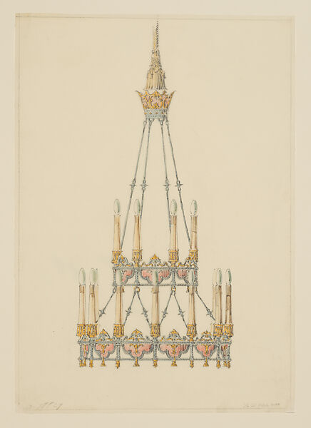 Design for a chandelier, Louis C. Tiffany (American, New York 1848–1933 New York), Opaque watercolor, colored pencil, and graphite on translucent paper mounted on paperboard, American