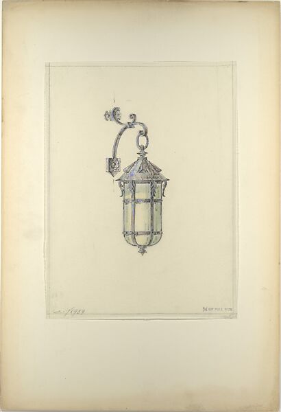 Design for hanging wall-mounted lantern, Louis C. Tiffany (American, New York 1848–1933 New York), Gouache, colored pencil, and graphite on off-white tracing paper on a light weight multi-ply paper board, American 