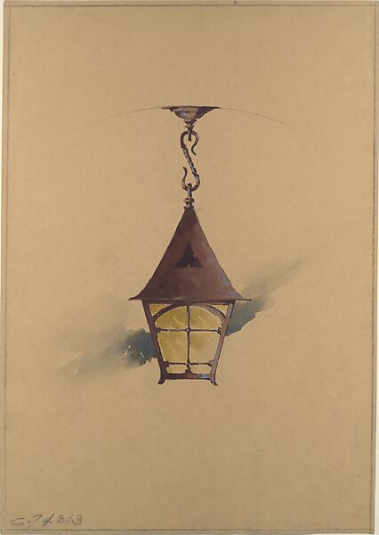 Design for hanging light fixture, Louis C. Tiffany (American, New York 1848–1933 New York), Watercolor, colored pencil, and graphite on tan wove paper with vertical grain direction, American 