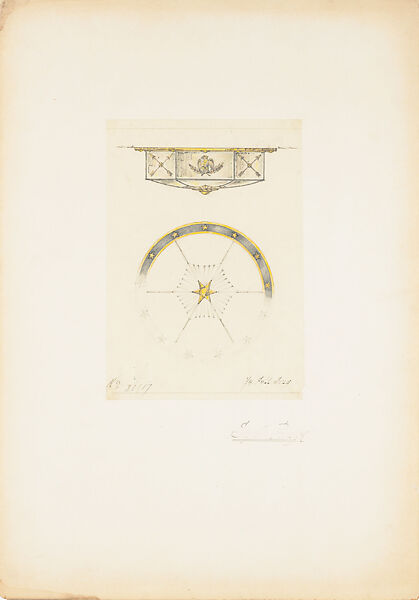 Design for ceiling fixture, Louis C. Tiffany (American, New York 1848–1933 New York), Gouache, colored pencil, and graphite on off-white tracing paper with vertical grain direction, on wove paper-faced and backed artist board, American 