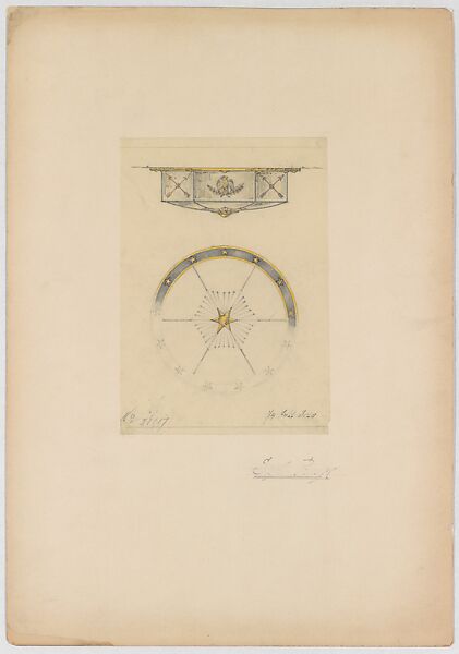 Design for ceiling fixture, Louis C. Tiffany (American, New York 1848–1933 New York), Gouache, colored pencil, and graphite on off-white tracing paper with vertical grain direction, on wove paper-faced and backed artist board, American