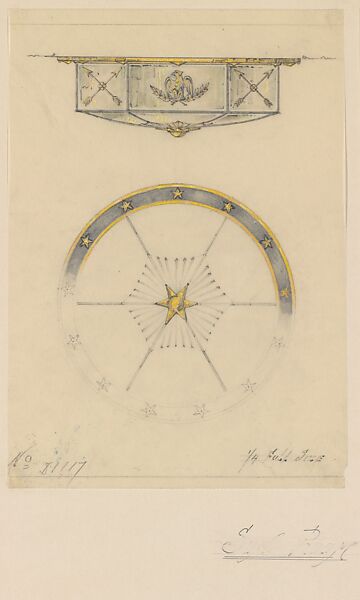 Design for ceiling fixture, Louis C. Tiffany (American, New York 1848–1933 New York), Gouache, colored pencil, and graphite on off-white tracing paper with vertical grain direction, on wove paper-faced and backed artist board, American