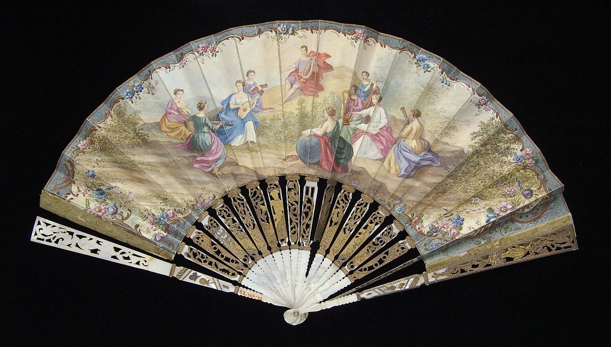 Fan, Mother-of-pearl, metallic, paper, glass, French 