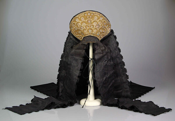 Headdress, Metal, silk, cotton, glass, pearl beads, German 