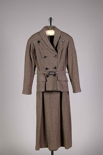 Suit, Mainbocher (French and American, founded 1930), wool, plastic (ammonium nitrate, cellulose nitrate), American 