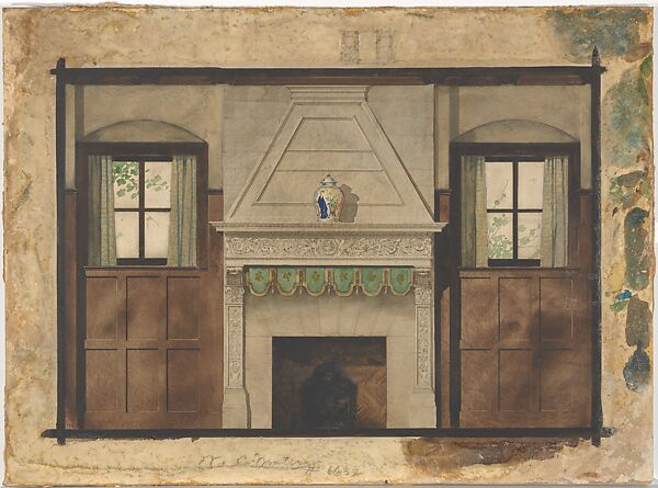 Design for a fireplace wall, Louis C. Tiffany (American, New York 1848–1933 New York), Watercolor, ink and graphite on paper, mounted on board, American