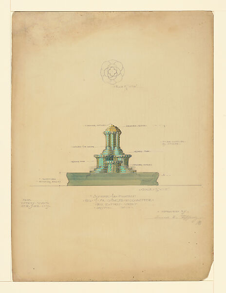 "Scheme for Fountain, Residence of Mr. Charles W. Schaeffer, 812 First Street,  Dayton, Ohio", Louis C. Tiffany (American, New York 1848–1933 New York), Transparent and opaque watercolor and graphite on paper mounted on paperboard, American