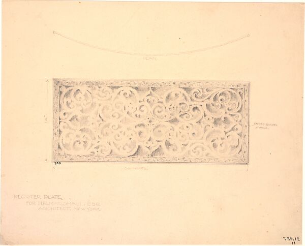 Design for heating register plate, Louis C. Tiffany (American, New York 1848–1933 New York), Pen, black ink, and graphite on light-tan smooth-surfaced lightweight artist board, American 