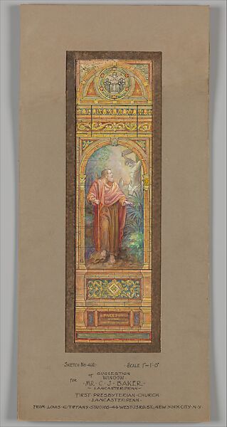 Suggestion of window for Mr. C. J. Baker, First Presbyterian Church, Lancaster, Pennsylvania, Louis C. Tiffany (American, New York 1848–1933 New York), Watercolor, graphite, gouache and black ink on paper mounted on board in original double matt, American 