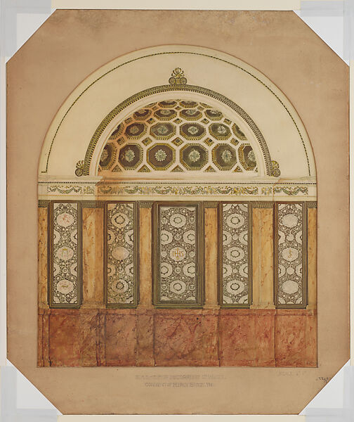 "Scheme for decorating chancel, Convent of Mercy, Brooklyn," New York, Louis C. Tiffany (American, New York 1848–1933 New York), Watercolor, metallic paint, glaze, and graphite on paper mounted on paperboard with window mat, American