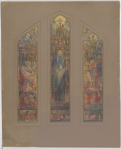 Design for triple lancet window, Frederick Wilson (American (born Ireland), Dublin 1858–1932 Los Angeles, California), Watercolor, gouache, red and black ink, and graphite on paper mounted on board within original double matt, American 