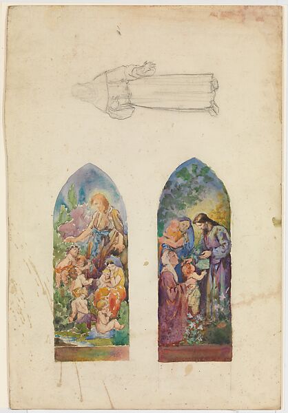 Design for two schemes for lancet windows depicting Christ blessing children, Louis C. Tiffany (American, New York 1848–1933 New York), Watercolor, gouache, and graphite on paper mounted on board., American 
