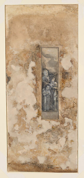Design for left panel for Christ blessing children window, Louis C. Tiffany (American, New York 1848–1933 New York), Grisaille heightened with white gouache, graphite, pen and ink on paper mounted on board in original double mat, American