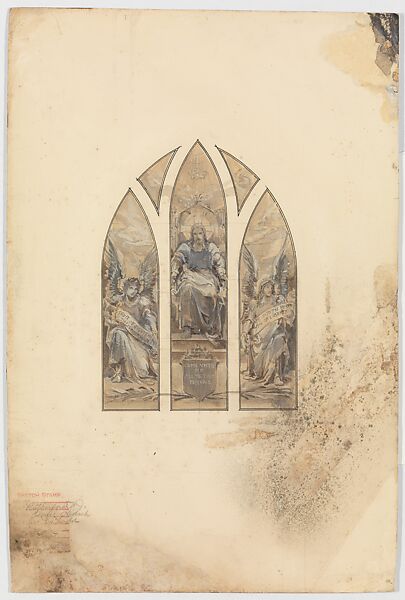Design for three lancet window, Probably Frederick Wilson (American (born Ireland), Dublin 1858–1932 Los Angeles, California), Black ink, gray, and brown washes, white gouache, and graphite on paper mounted on board., American 