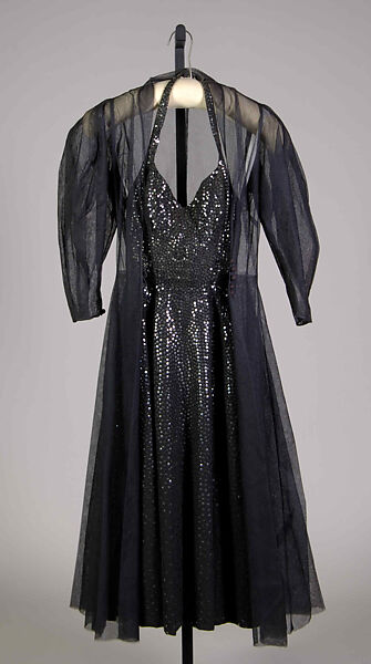Evening ensemble, Attributed to Pauline Trigère (American, born France, Paris 1908–2002 New York), Wool, sequins, nylon, American 