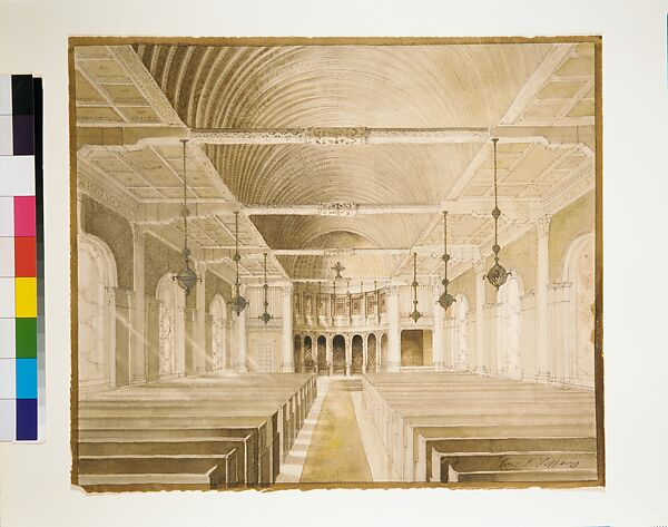 Design for a nave, Louis C. Tiffany (American, New York 1848–1933 New York), Watercolor, pen and red and brown inks, and graphite on white wove paper; tissue, American