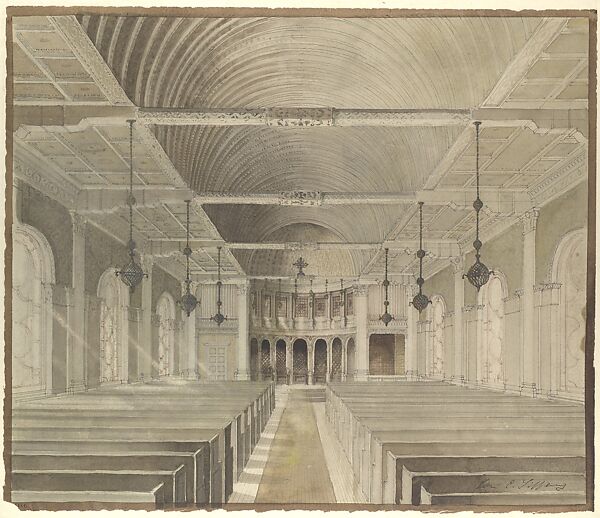 Design for a nave, Louis C. Tiffany (American, New York 1848–1933 New York), Watercolor, pen and red and brown inks, and graphite on white wove paper; tissue, American 