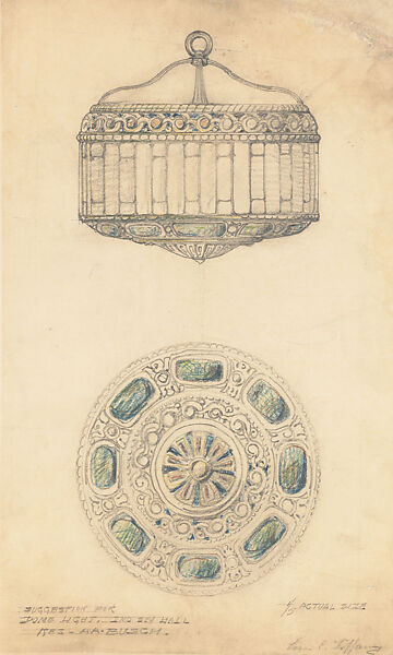 Suggestion for Dome Light, Louis C. Tiffany (American, New York 1848–1933 New York), Colored pencil, and graphite on ivory-colored tracing paper mounted on wove paper, perhaps a facing paper from a lightweight board; Japanese tissue, American 
