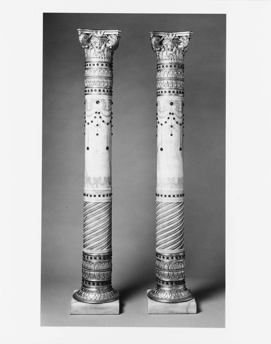 Pedestal from the drawing room of the William H. Vanderbilt House, Herter Brothers (German, active New York, 1864–1906), Egyptian alabaster, gilt brass, and reproduction red glass jewels, American