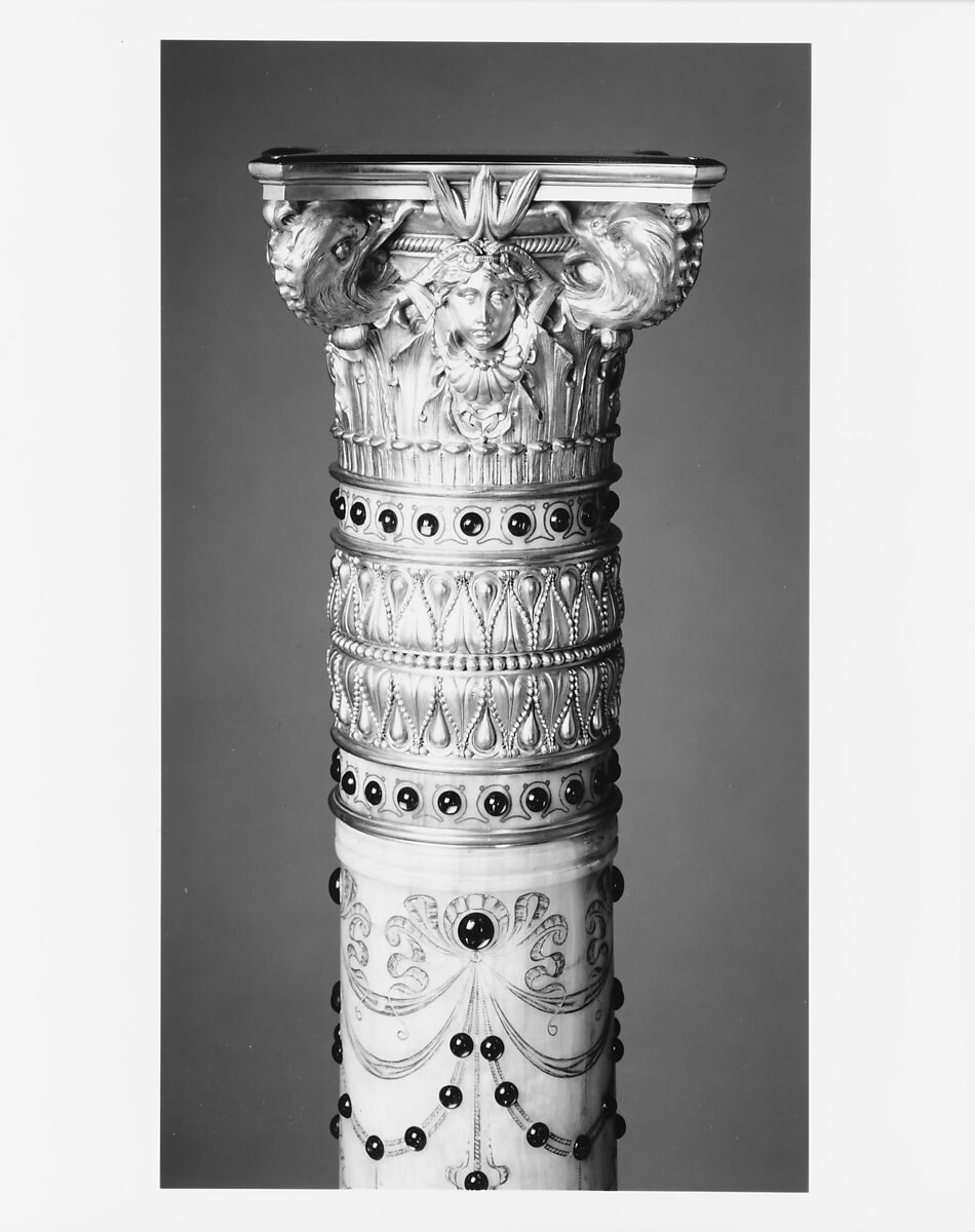 Pedestal from the drawing room of the William H. Vanderbilt House, Herter Brothers (German, active New York, 1864–1906), Egyptian alabaster, gilt brass, and reproduction red glass jewels, American