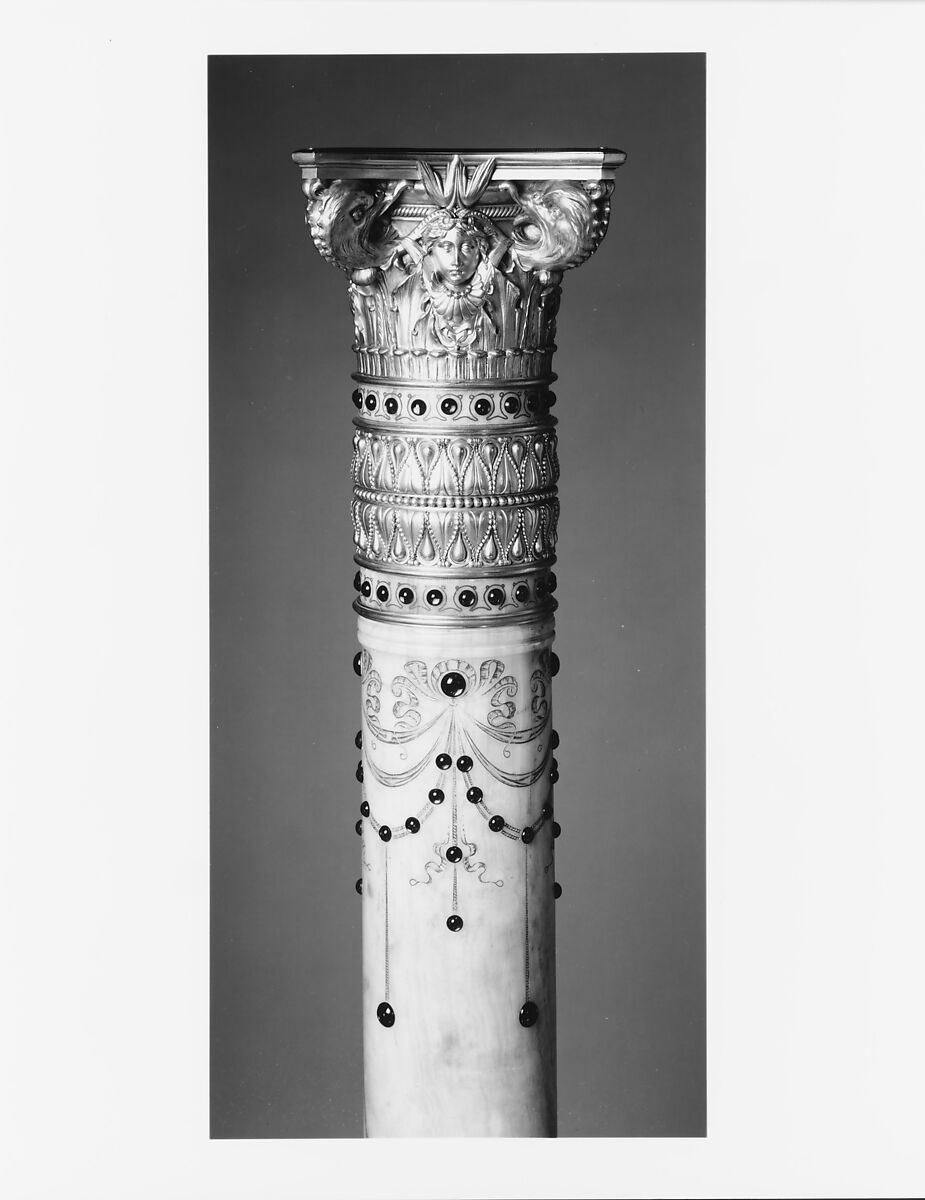 Pedestal from the drawing room of the William H. Vanderbilt House, Herter Brothers (German, active New York, 1864–1906), Egyptian alabaster, gilt brass, and reproduction red glass jewels, American