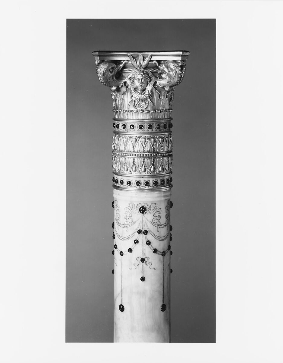 Pedestal from the drawing room of the William H. Vanderbilt House, Herter Brothers (German, active New York, 1864–1906), Egyptian alabaster, gilt brass, and reproduction red glass jewels, American