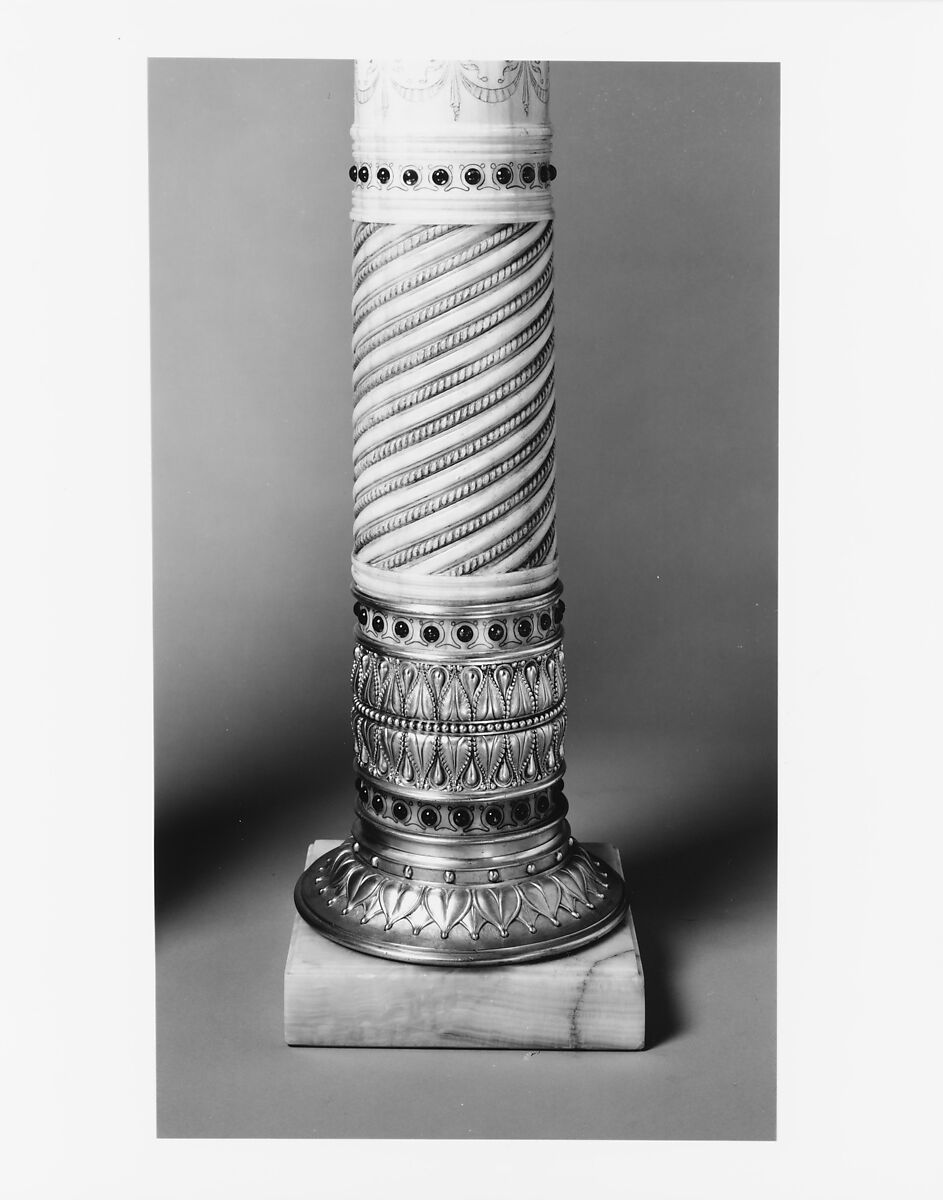 Pedestal from the drawing room of the William H. Vanderbilt House, Herter Brothers (German, active New York, 1864–1906), Egyptian alabaster, gilt brass, and reproduction red glass jewels, American