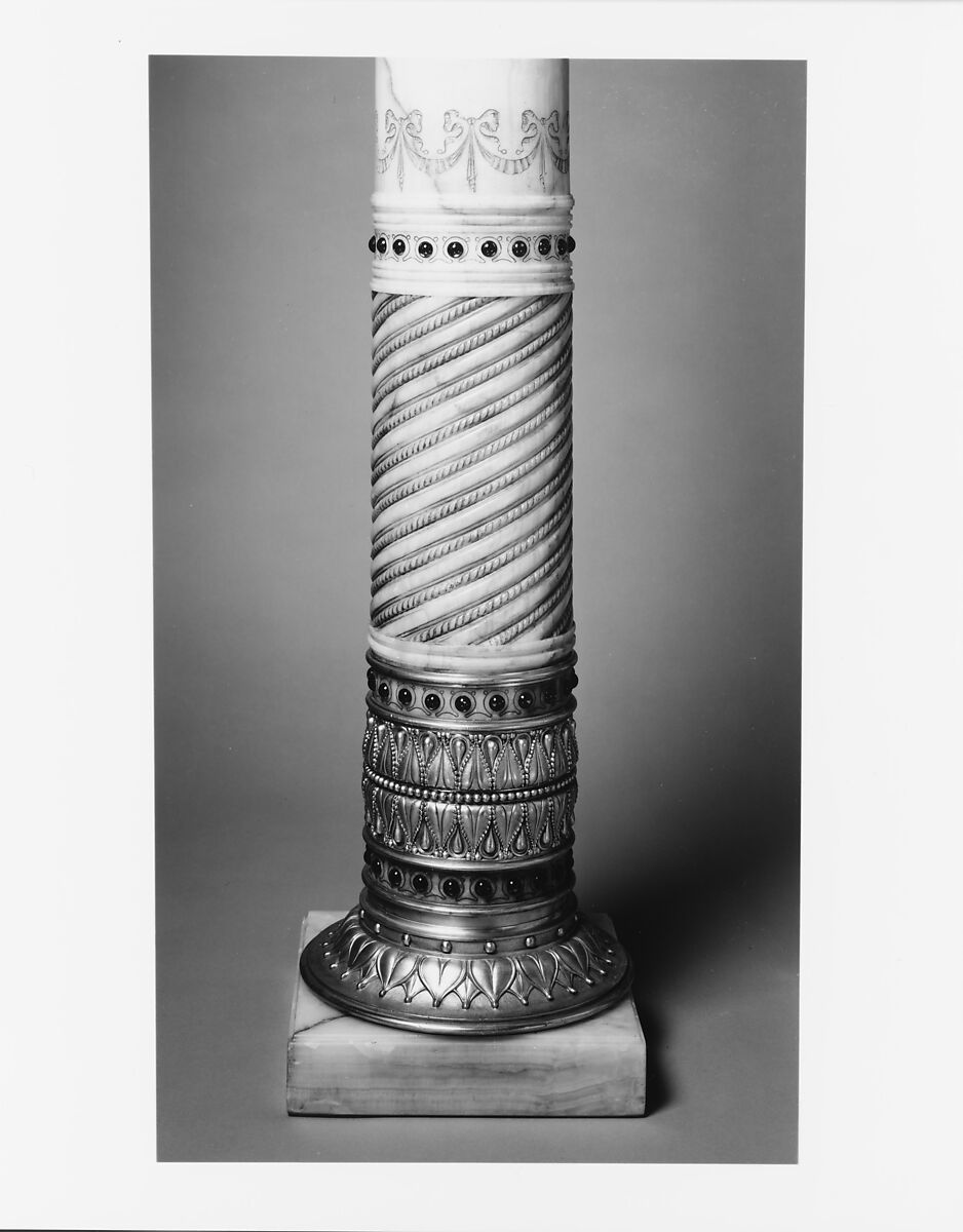 Pedestal from the drawing room of the William H. Vanderbilt House, Herter Brothers (German, active New York, 1864–1906), Egyptian alabaster, gilt brass, and reproduction red glass jewels, American