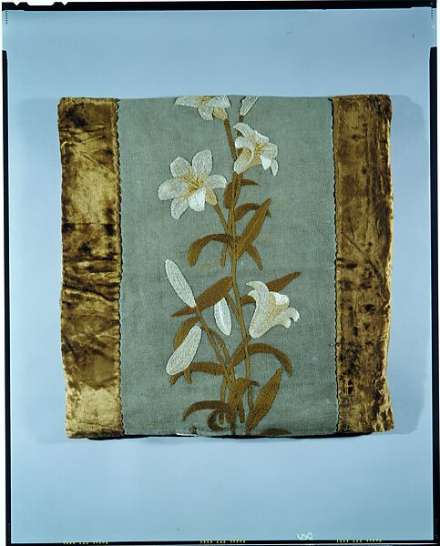 Pillow cover, Candace Wheeler (American, Delhi, New York 1827–1923 New York), Wool twill embroidered with wool and silk thread, silk velvet border, American