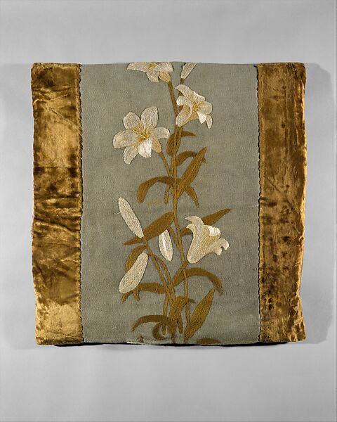 Pillow cover, Candace Wheeler (American, Delhi, New York 1827–1923 New York), Wool twill embroidered with wool and silk thread, silk velvet border, American 