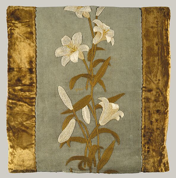 Pillow cover, Candace Wheeler (American, Delhi, New York 1827–1923 New York), Wool twill embroidered with wool and silk thread, silk velvet border, American