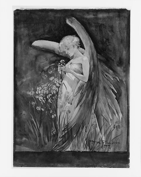 Fairy in Irises, Dora Wheeler (1856–1940), Watercolor, gouache, and graphite on off-white thick wood pulp wove card, American