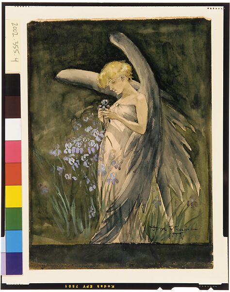 Fairy in Irises, Dora Wheeler (1856–1940), Watercolor, gouache, and graphite on off-white thick wood pulp wove card, American