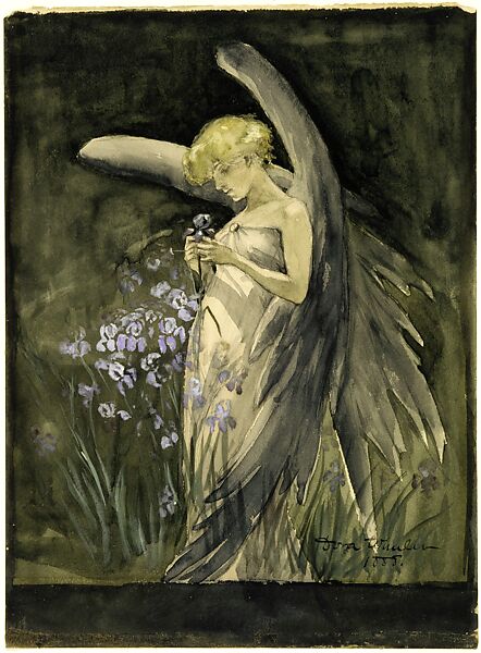 Fairy in Irises, Dora Wheeler (1856–1940), Watercolor, gouache, and graphite on off-white thick wood pulp wove card, American 