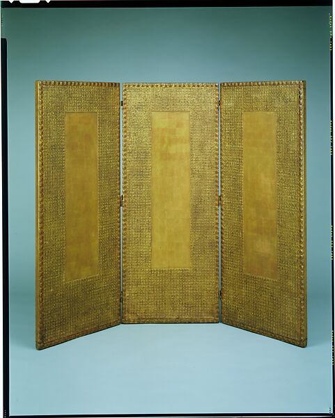 Three-paneled screen, Louis C. Tiffany (American, New York 1848–1933 New York), Embossed Japanese leather paper, vermilion and gold leaf on wood frame, American