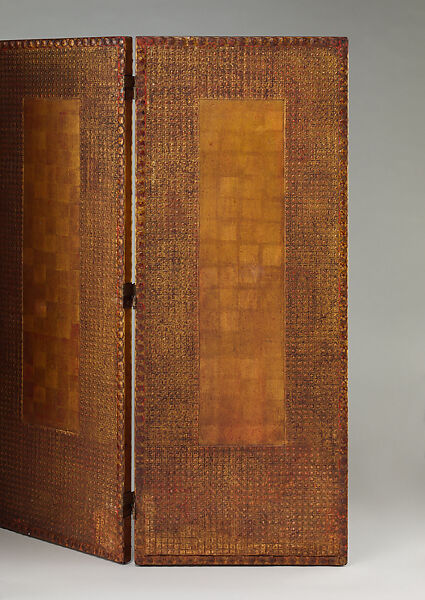 Three-paneled screen, Louis C. Tiffany (American, New York 1848–1933 New York), Embossed Japanese leather paper, vermilion and gold leaf on wood frame, American