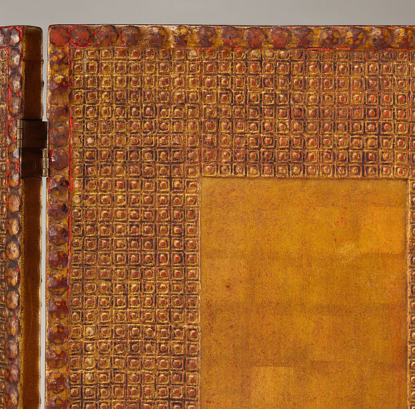 Three-paneled screen, Louis C. Tiffany (American, New York 1848–1933 New York), Embossed Japanese leather paper, vermilion and gold leaf on wood frame, American