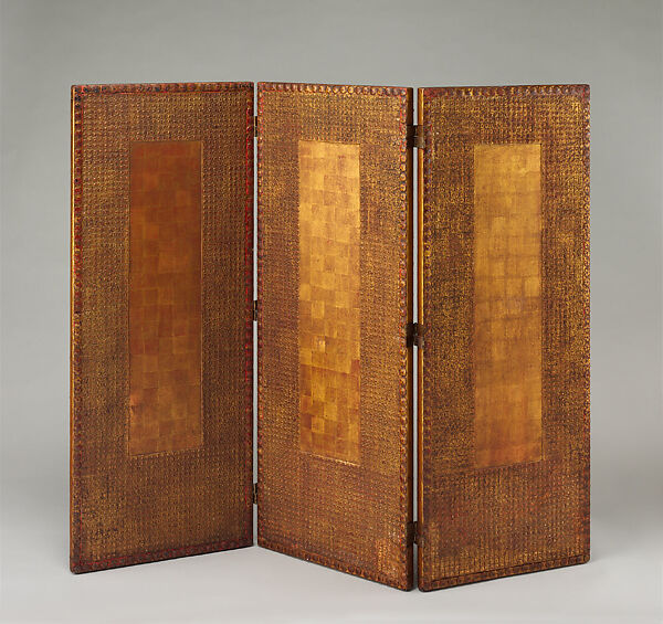 Three-paneled screen, Louis C. Tiffany (American, New York 1848–1933 New York), Embossed Japanese leather paper, vermilion and gold leaf on wood frame, American