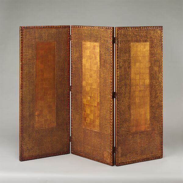 Three-paneled screen, Louis C. Tiffany (American, New York 1848–1933 New York), Embossed Japanese leather paper, vermilion and gold leaf on wood frame, American 