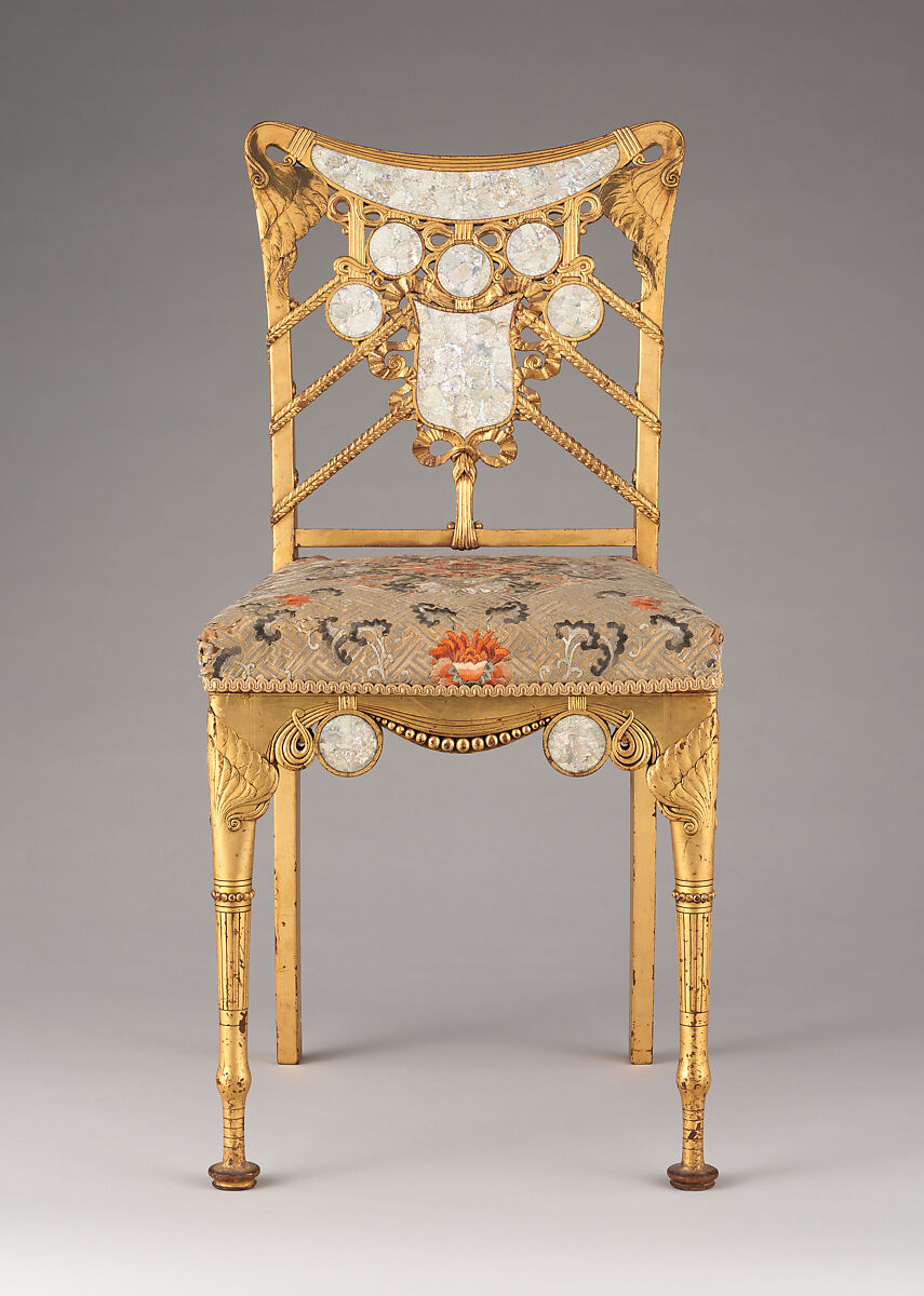 Side Chair, Herter Brothers (German, active New York, 1864–1906), Gilded maple, inlaid with mother-of-pearl, and modern upholstery, American 