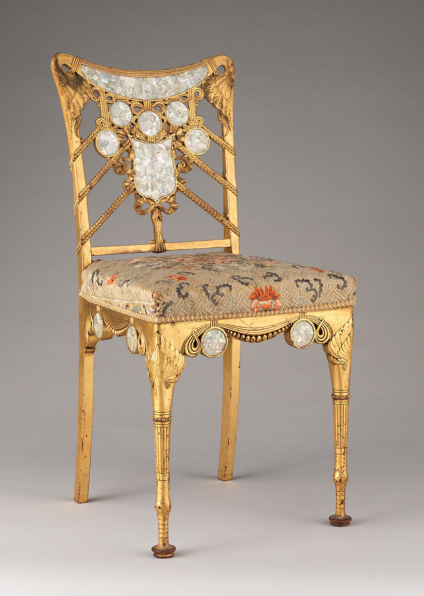 Side Chair, Herter Brothers (German, active New York, 1864–1906), Gilded maple, inlaid with mother-of-pearl, and modern upholstery, American