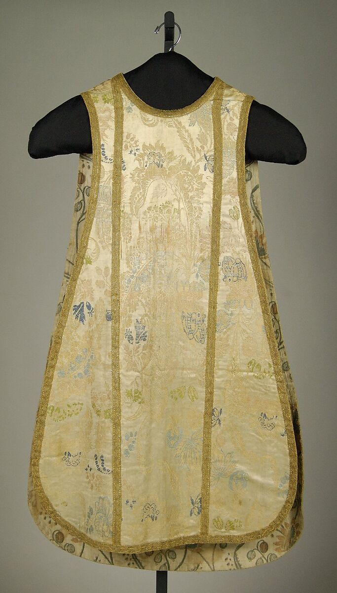 Chasuble, Silk, metallic, cotton, probably Italian or French, and Indian