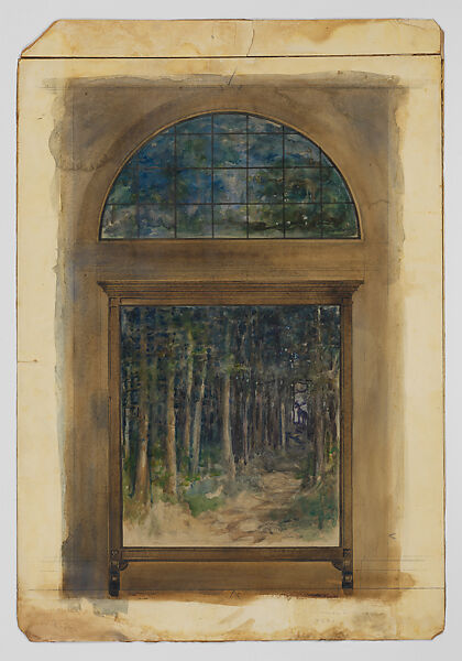 Design for a landscape window with moose, Louis C. Tiffany (American, New York 1848–1933 New York), Watercolor and opaque watercolor, and graphite on paper mounted on paperboard, American